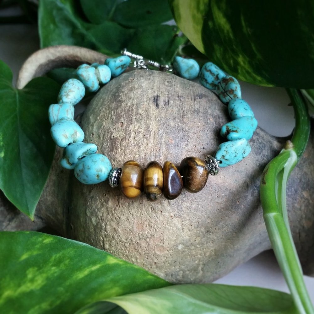 Rustic Turquoise and Tigers Eye wrap bracelet